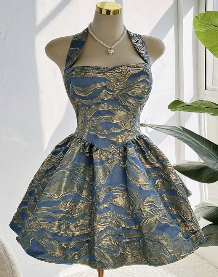 Blue and gold halter neck waist princess tutu homecoming dress R2845