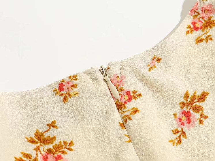 2025 Summer New French Square Neck Puff Sleeve Mid-Length Floral Waist Dress R0928