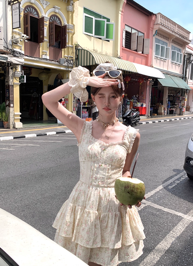 Women's romantic floral suspender dress sweet skirt R4948