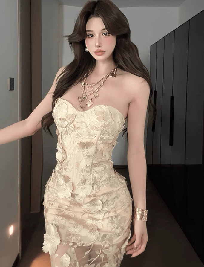 Large size French sexy high-end heavy-duty tube top dress mesh hot girl evening dress R1876