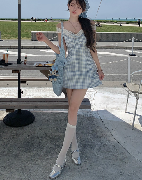 V-neck waist plaid suspender dress summer French temperament skirt R4951