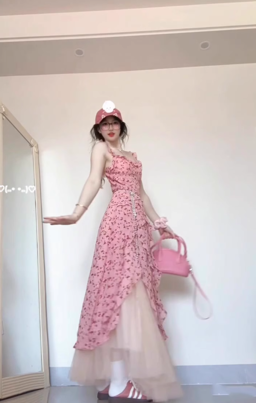Tea break French pink suspender floral dress seaside vacation unique waist temperament long dress R0422
