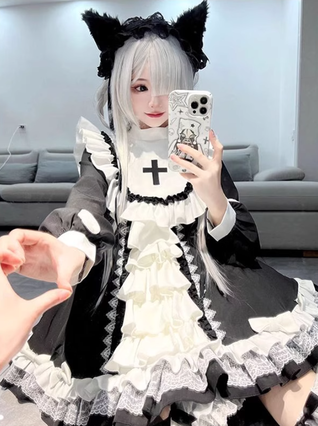 Gothic style decoration female lolita blue and white dress female cute daily dress OP princess dress R1678