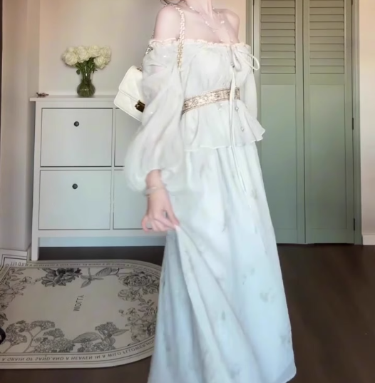 Gentle temperament blue one-shoulder dress beautiful waist A-line long skirt R0666