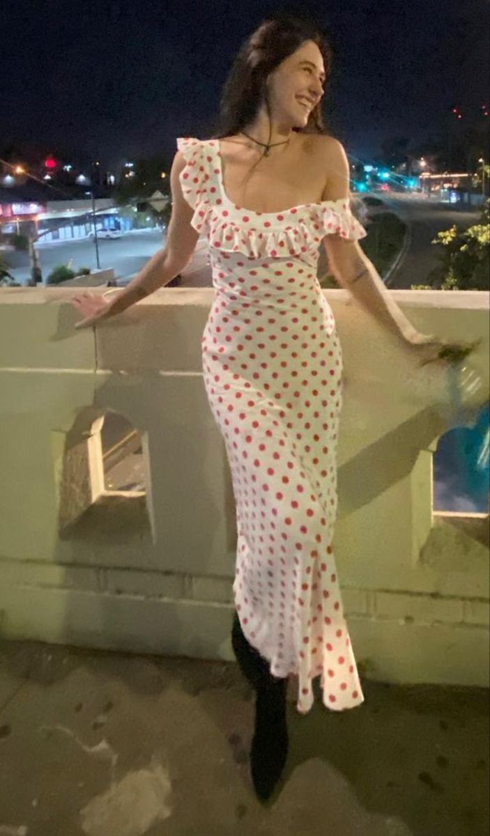 White long skirt with red polka dots, slim waist, sexy long skirt, homecoming dress R4053