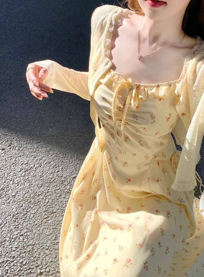 French style yellow temperament suspender dress women's summer beautiful long dress R3828