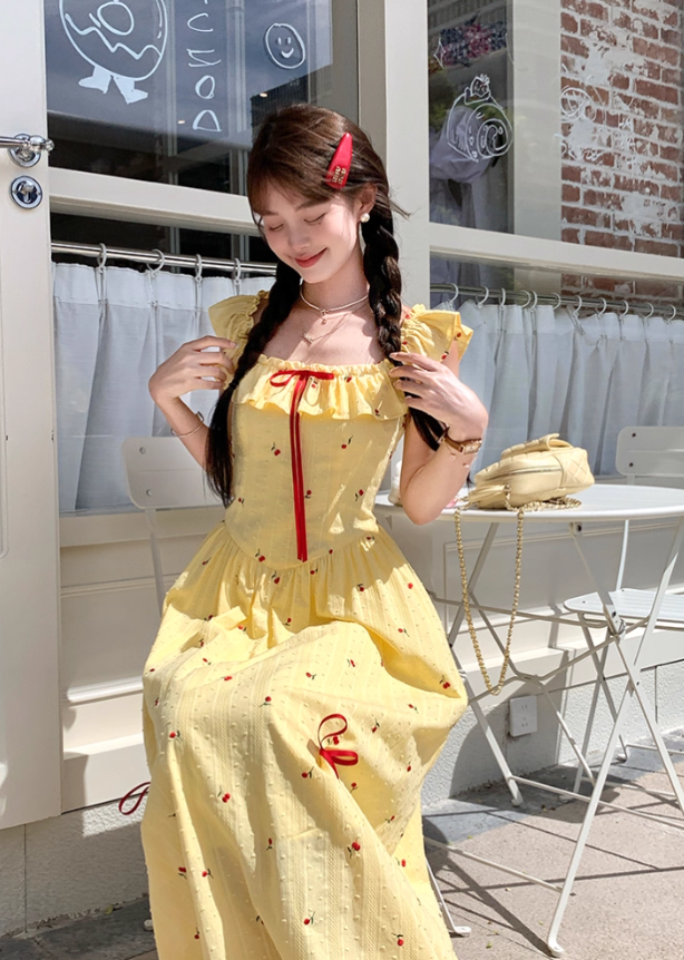 Long ruffled square neck waist dress for women summer French temperament A-line skirt R4744