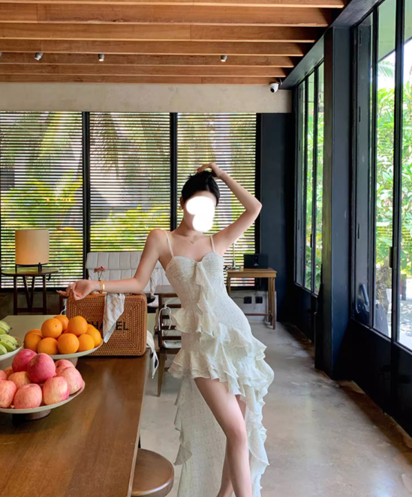 Ruffled suspender dress summer irregular temperament long dress R0003