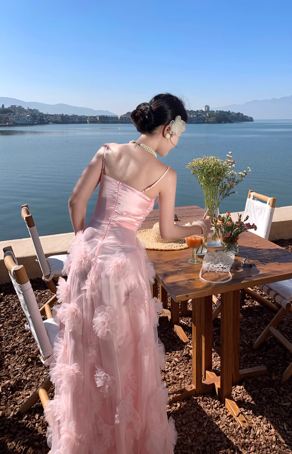 Pink flower suspender dress gentle temperament beautiful dress R0800