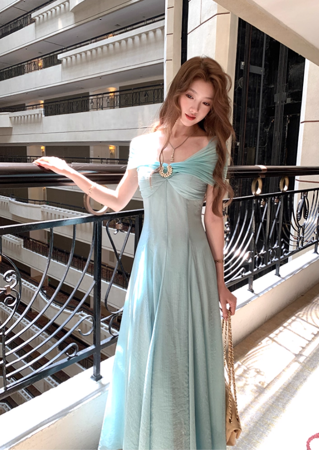 Blue long waist suspender dress women's summer French retro thousand gold skirt R4624
