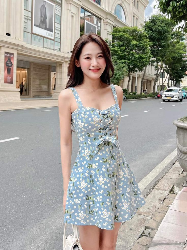 Blue fresh daisy floral suspenders waist slim short skirt homecoming dress R3258
