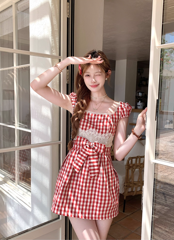 Pink mid-length square collar plaid waist suspender dress women's summer A-line skirt R4903