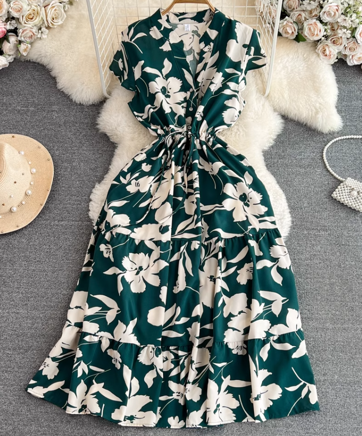 High-end, light luxury temperament flying sleeves V-neck waist slimming A-line ruffled printed dress R0353