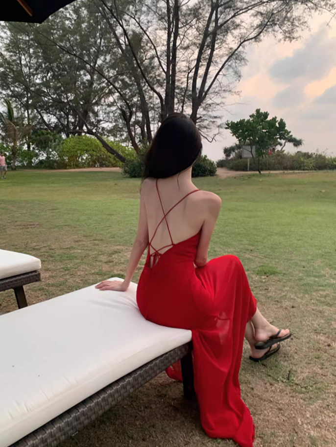 Beach photo shoot red sexy ruffled high slit halter back dress R1583