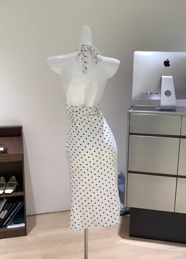 French dress halter neck polka dot white female island vacation travel seaside sexy skirt R0285
