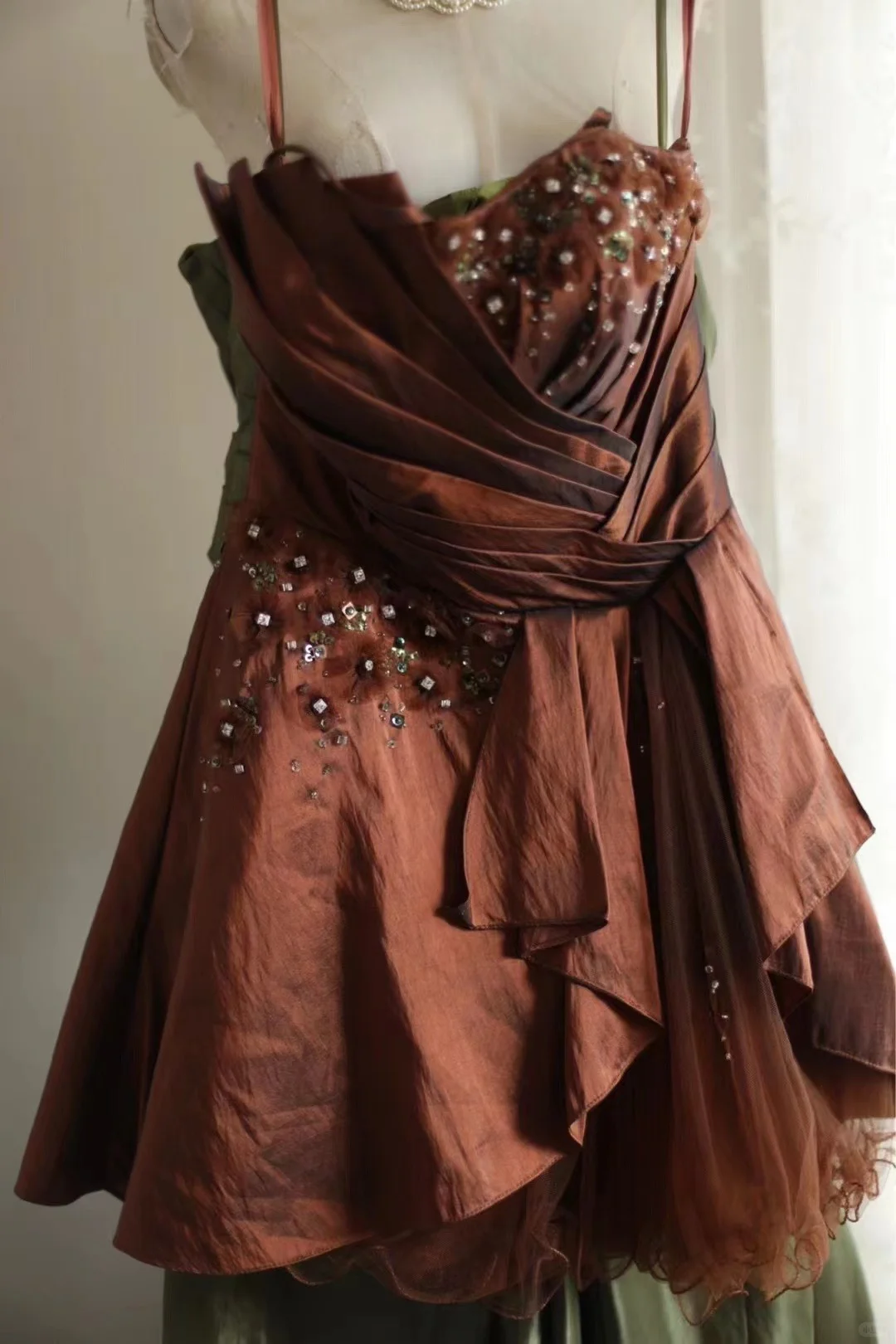 Dark brown suspender asymmetrical skirt satin princess skirt homecoming dress R4150