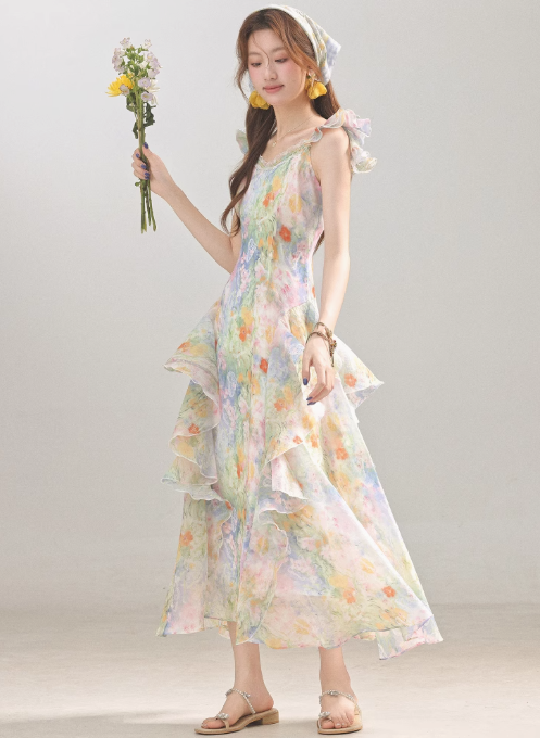 French style oil painting floral dress new summer holiday style long dress R1897