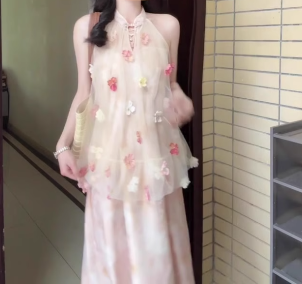 Pink buttoned mesh halter neck dress gentle temperament loose A-line long skirt R0751