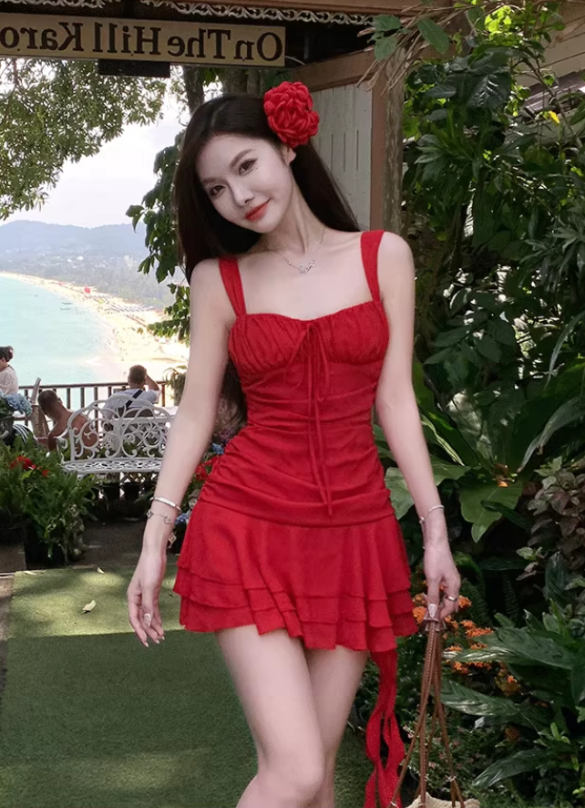 Beautiful red suspender dress sexy seaside holiday irregular short skirt R1477