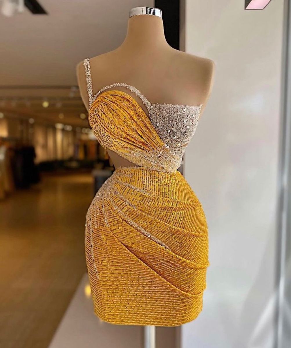 Yellow diamond irregular neckline slim waist hip sexy short skirt homecoming dress R4139