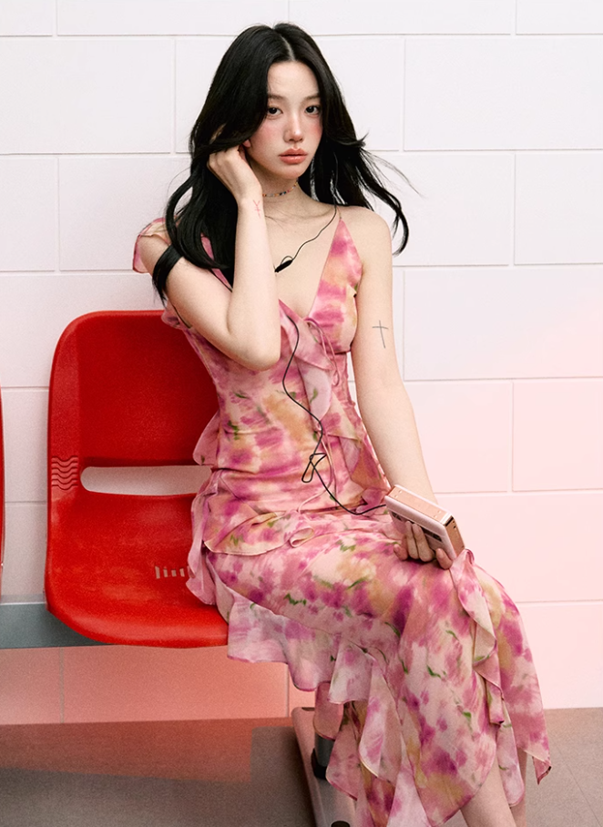 French asymmetric ruffled floral dress for women summer design niche long dress R3325