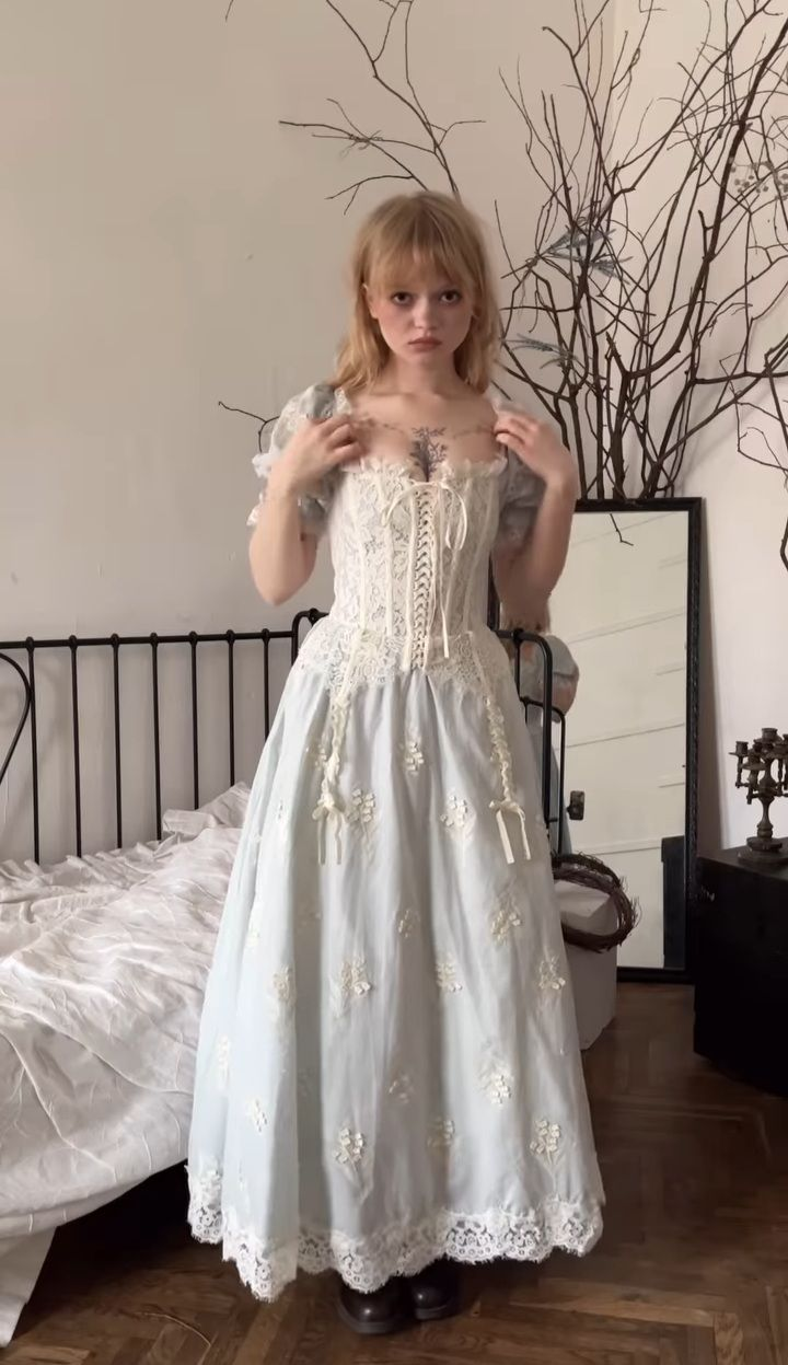Pretty Lace Decor Women's Prom Gown Pale Blue Waist Fitted Maxi Evening Dress Birthday Dress — Fall Outfit 2026 New RS3332