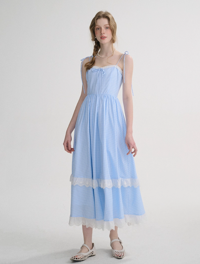 French plaid dress sleeveless long dress lace pastoral style suspender dress for women R3552