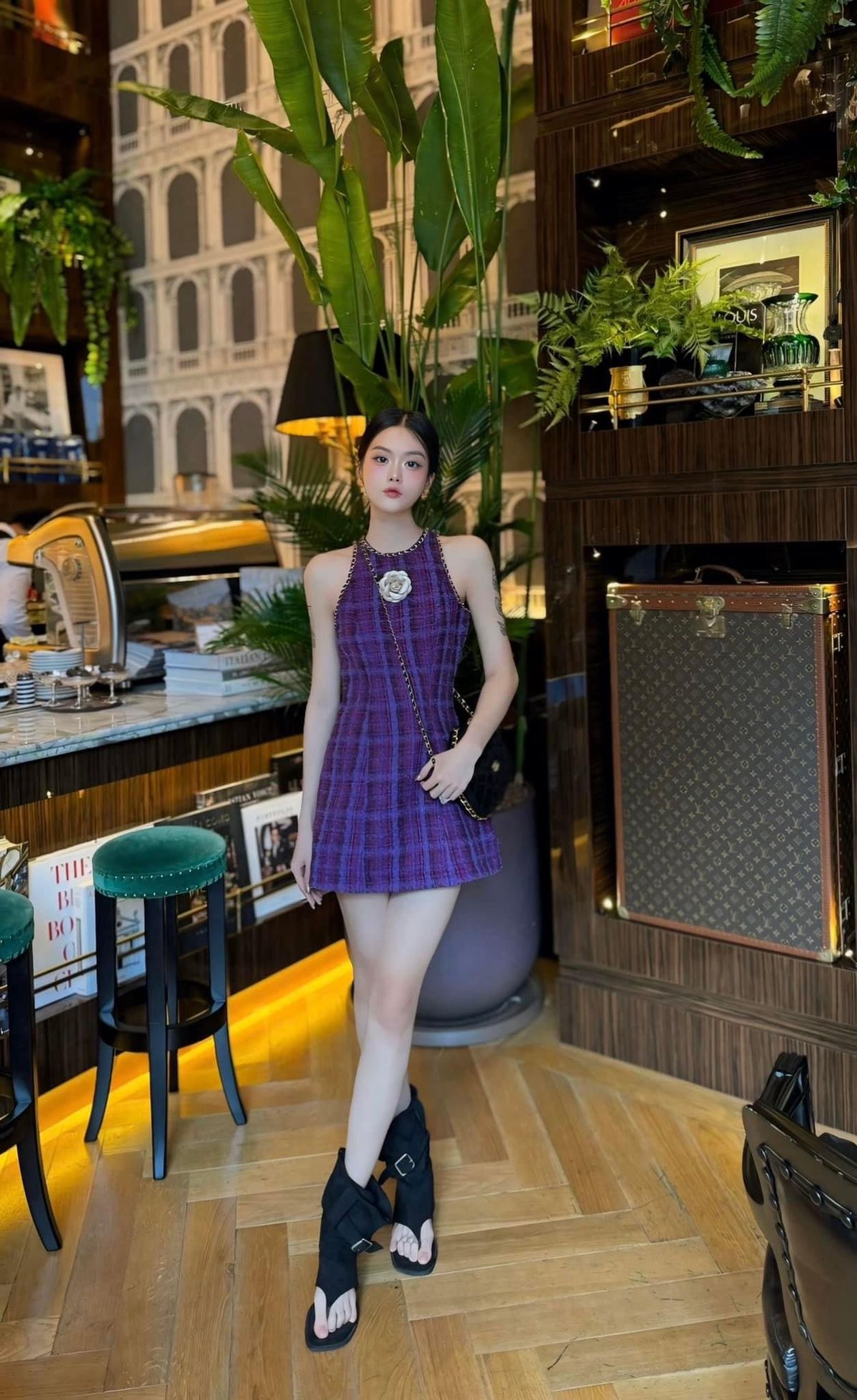 Purple round neck sleeveless waist slim A-line short skirt homecoming dress R3884