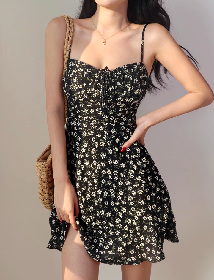 French fresh girl floral suspender skirt slim fit A-line holiday dress short skirt R2806