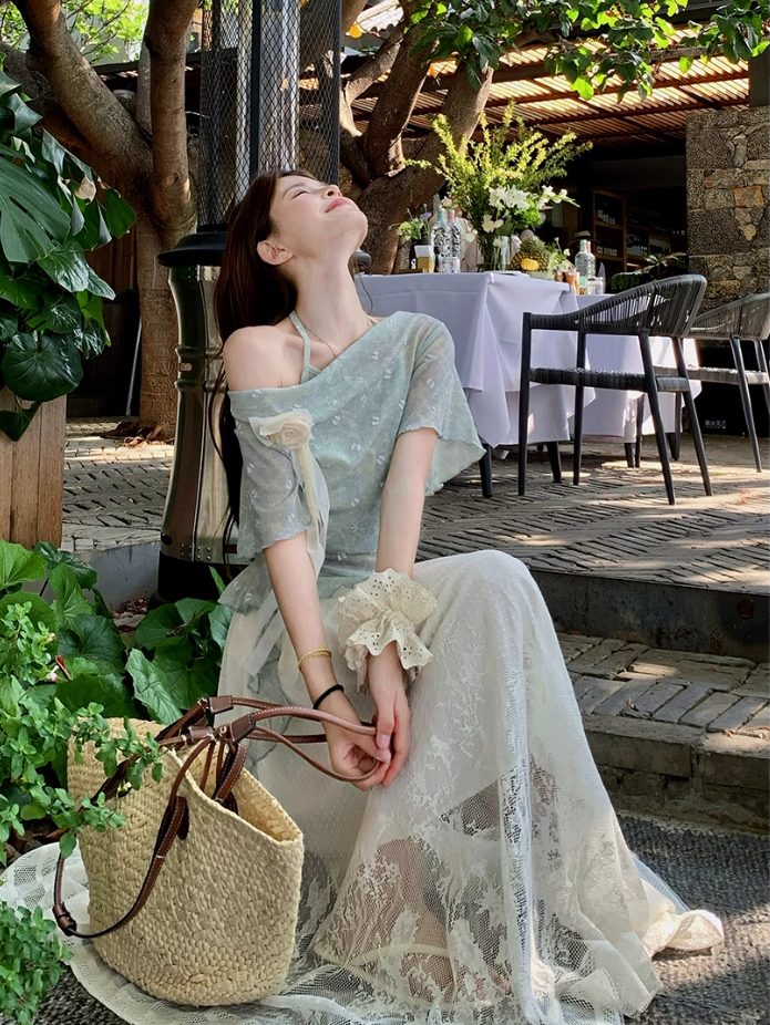 Fairy fake two-piece irregular halter neck short-sleeved T-shirt complete skirt suit R1757