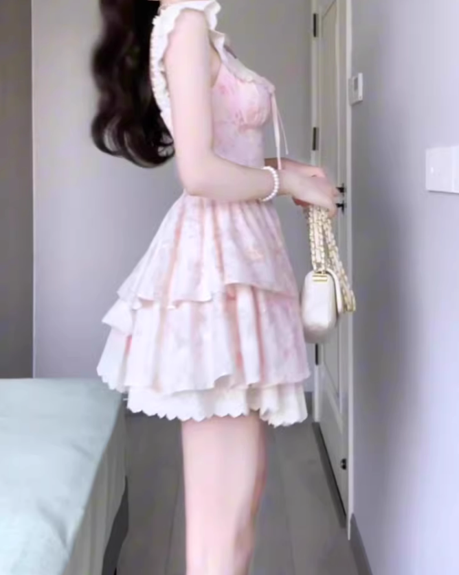 Pink floral dress beautiful niche waist puffy short skirt R0745