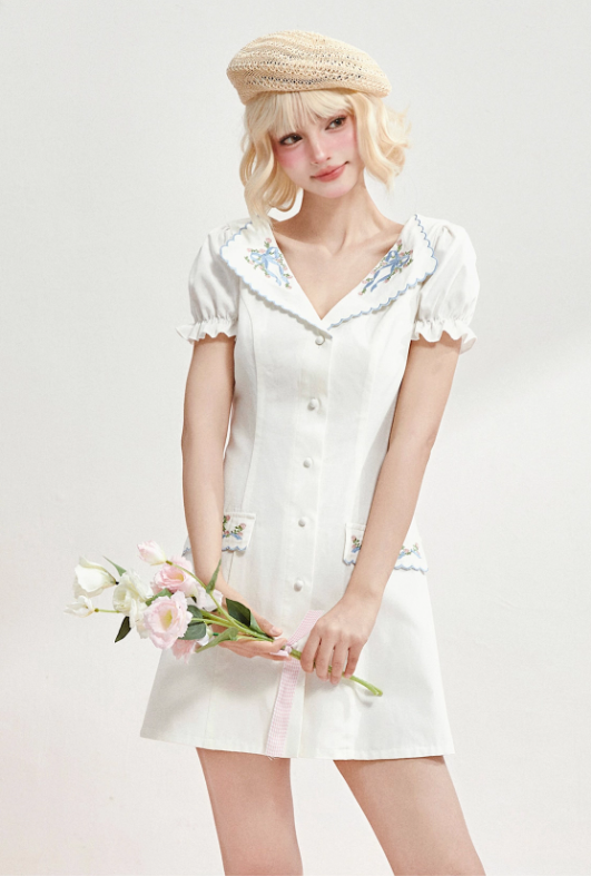 Short-sleeved summer dress V-neck Tencel cotton retro embroidery waist dress R5248