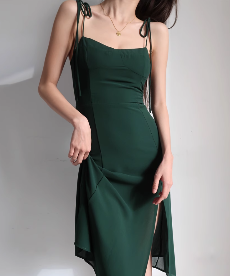 French style dark green high waisted camisole dress, retro waist cinched side slit dress R2865