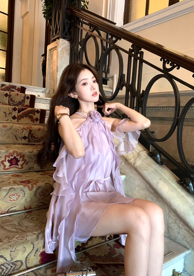 Purple ruffled halter neck off-shoulder suspender dress summer French temperament skirt R4666
