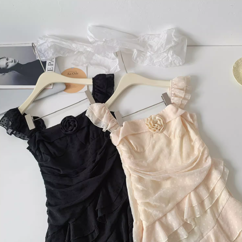 French holiday rose temperament long tail sleeveless atmosphere suspender dress R0297