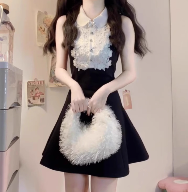 High-grade black sleeveless vest dress with lace waist and a-line tutu skirt R0755