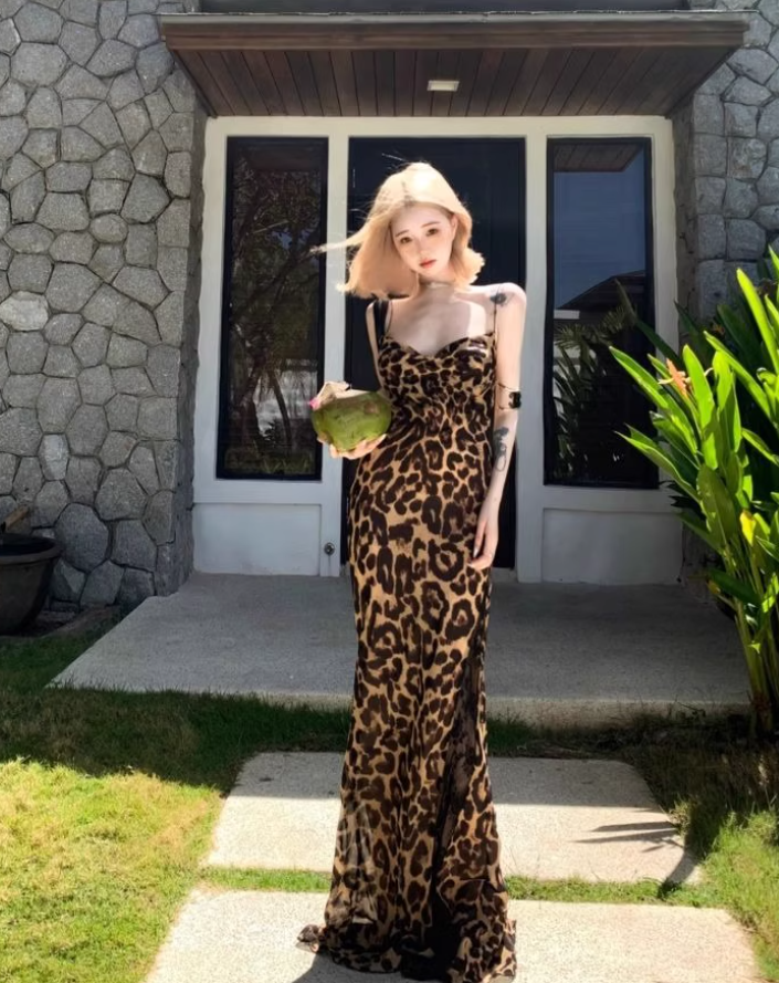 Large French Sexy Leopard Square Neck Suspender Dress Holiday Backless Long Dress R1875