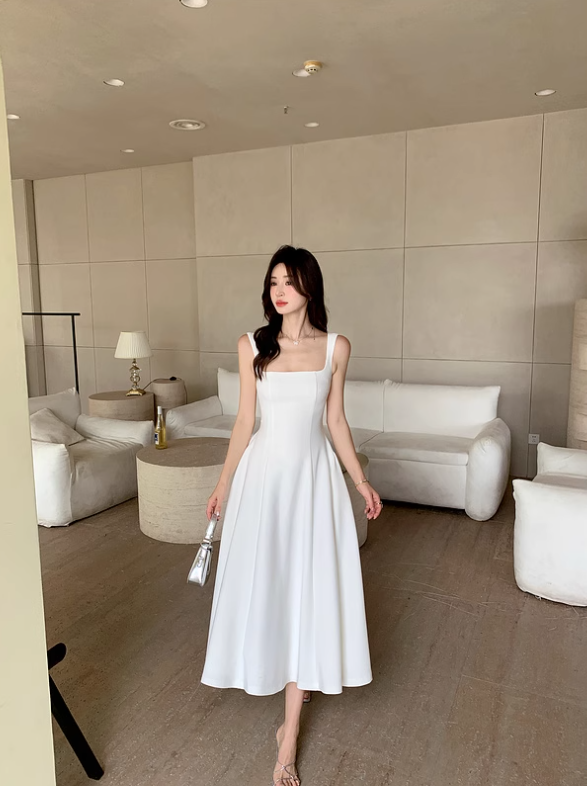 Red square neck suspender dress niche high-end a-line long dress certificate dress R1478