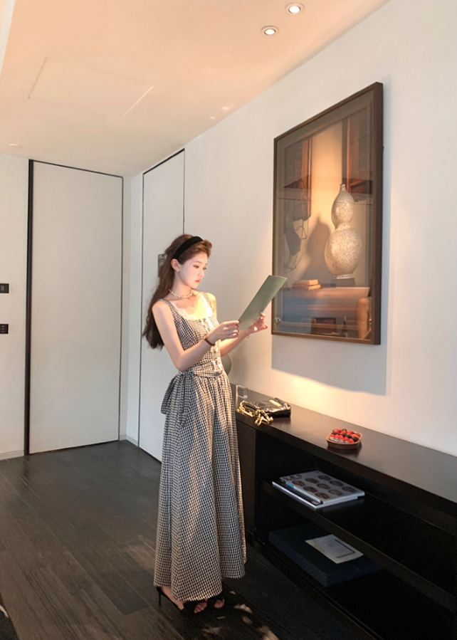 Long Square Neck Black and White Plaid Waisted Suspender Dress Women's Summer French Style Skirt R4621