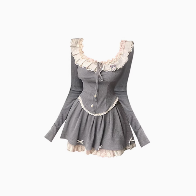 Pure desire style lace knitted top 2025 sweet and spicy design bow skirt suit R1288