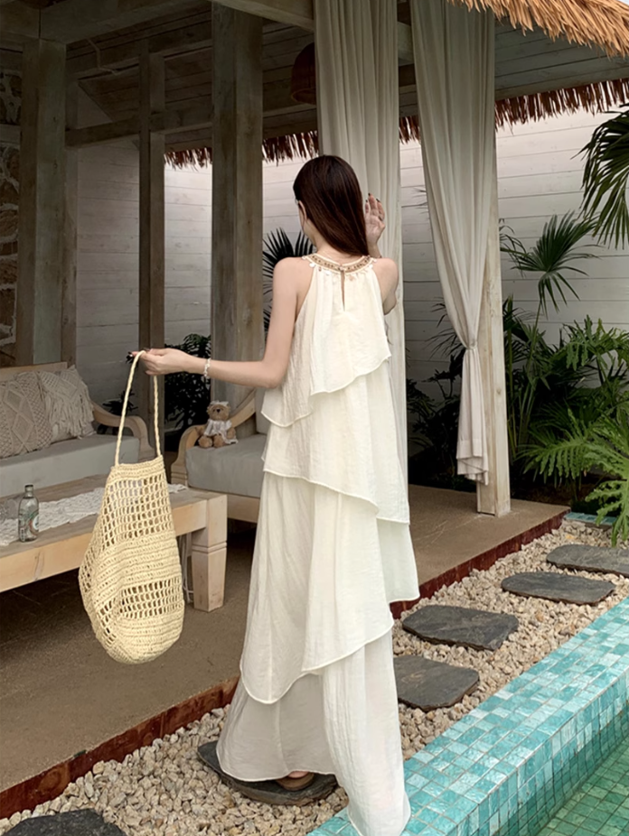 Fairy halter neck dress vacation outfit beach long dress irregular ruffle skirt R1721