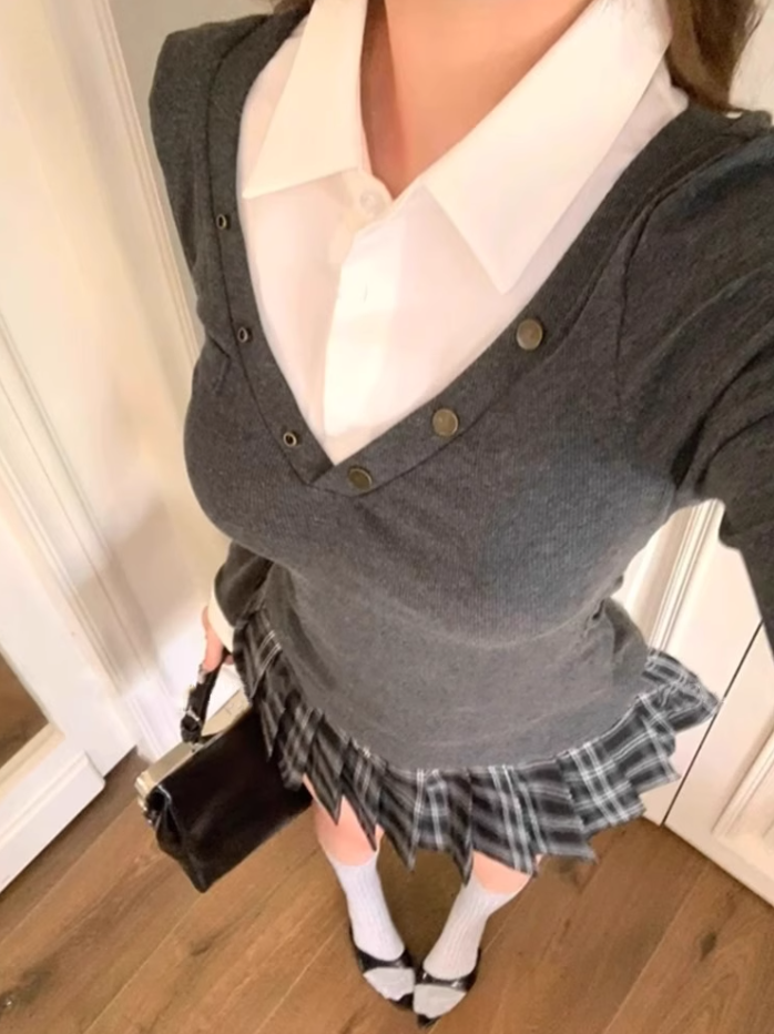 College Style Fake Two-piece Knit Top 2025 Plaid Pleated Skirt Set R1341