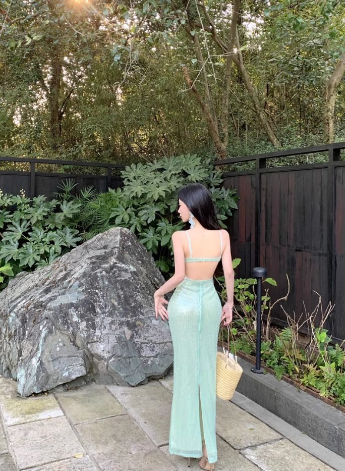 Seaside holiday style sexy backless suspender dress royal sister socialite high-end wear sequin dress R0482