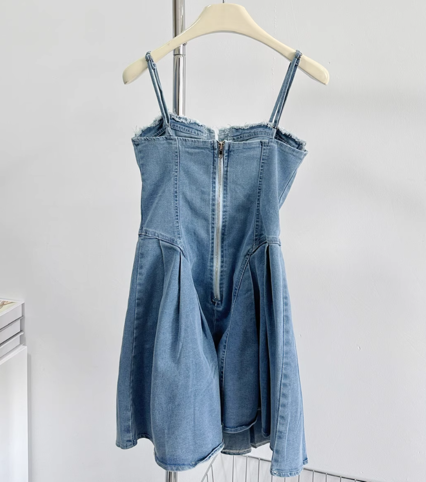Sexy sweet and spicy elastic denim suspender skirt with straps and tube top A-line skirt R1994