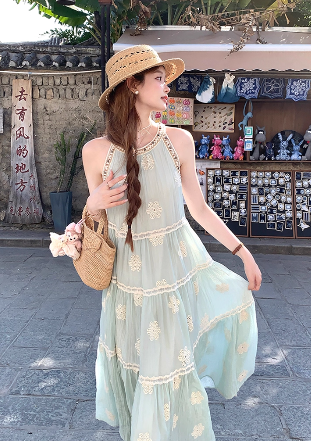 Green long sleeveless suspender dress women's summer French temperament A-line skirt R4865