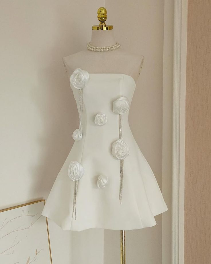White tube top three-dimensional flower waist slim A-line short skirt homecoming dress R3537