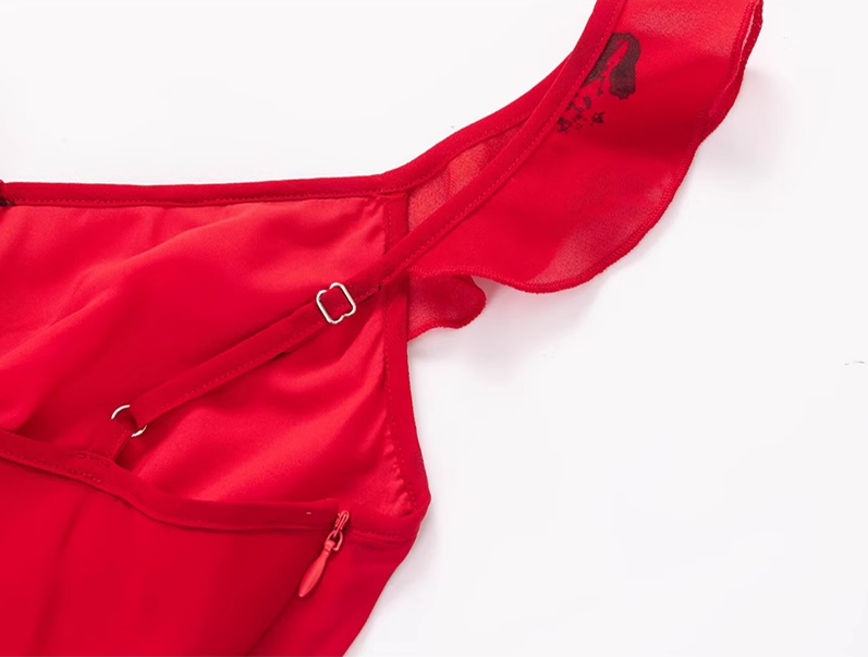 2025 Summer New Red Sexy V-neck Wood Ear Edge Floral Sleeveless Holiday Dress R0905