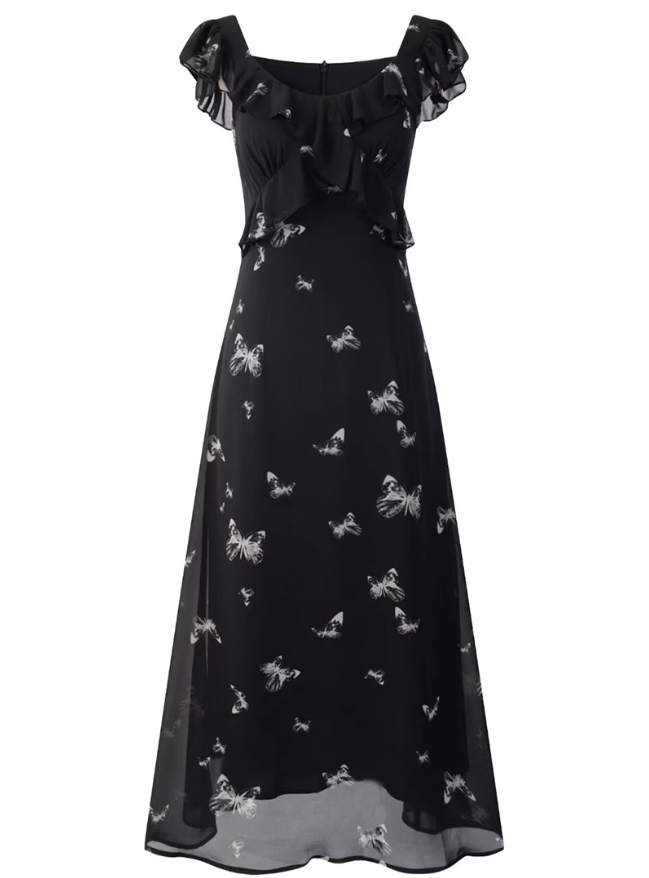 2025 Summer New Black Flying Sleeve Waisted Mid-Length Printed Fishtail Dress R0913