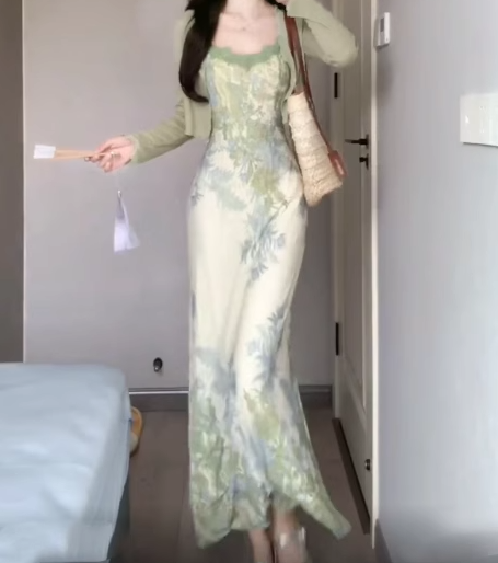 Floral suspender dress beautiful waist dating dress summer R0730