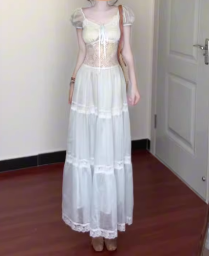 Gentle blue lace puff sleeve dress holiday temperament waist A-line long skirt R0862